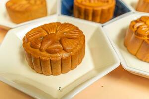 a tasty round moon cake at mid autumn festival. Food and drink on sweet beige background. photo