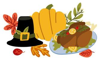 Thanksgiving illustration with pumpkin, hat, baked turkey on a white background. Flat vector illustration. Yellow pumpkin with autumn leaves. Vector flat for the holiday Printing on paper and textiles