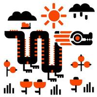 A set of summer geometric objects and a dragon in orange and black colors. Summer season berries, sun, grass, flowers, butterfly, rain, clouds. Collection of minimalistic elements of summer vector