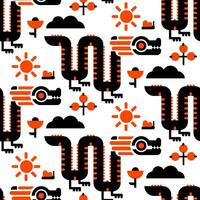 A pattern with a summer geometric dragon in orange and black colors. Seasonal elements flowers, sun, butterfly, berries on a white background. A mystical animal in the summer. Year of the Dragon vector