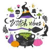 Halloween illustrated set of vector elements. Witch vibes lettering. Items of the sorceress, cauldron with potion, pumpkins, candles, spider, broom, skull. Elements of magic.