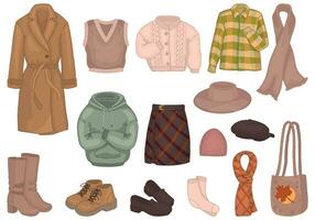 Clipart set of autumn clothes. Doodles of apparel, shoes, hats, accessories. Cartoon vector illustrations collection isolated on white background.