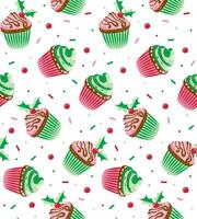 Seamless Christmas Cupcake Holly Berries And Leaves vector