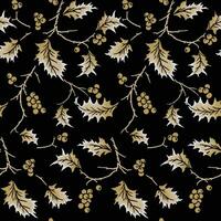 Seamless Gold Holly Leave On Black Background vector