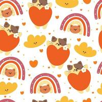 seamless pattern cartoon cat, orange heart and sky element. cute animal wallpaper for textile, gift wrap paper vector