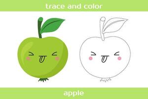 Educational worksheet Trace and color cute kawaii apple. vector