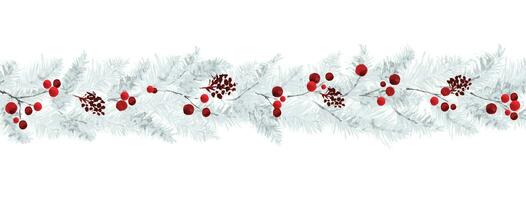 Pine and berry branches horizontal border vector