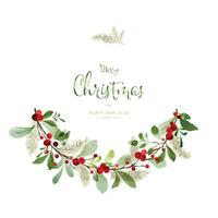 Merry Christmas with berry and pine twig wreath watercolor vector