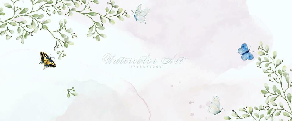 Abstract art watercolor foliage and butterflies painting background