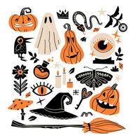 A mystical set for Halloween. Cute cartoon spooky characters. Hand drawn trendy vector illustration in folk style.