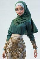 Flight attendant doll with muslim dress. Generative Ai photo