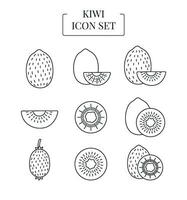 Kiwi fruit whole and half, cut into slices, set of line icons in vector. vector