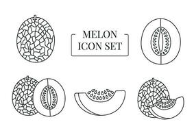 Fruit Melon whole and half, cut into slices, set of line icons in vector