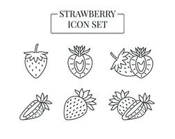 Strawberry berry whole and half, cut into slices, set of line icons in vector. vector