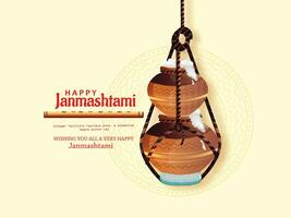 Creative Hand Lettering Text Krishna Janmashtami with Beautiful Illustration of Dahi Handi, Traditional Poster Design for Hindu Festival Shree Krishna Janmashtami. vector