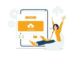 Businesswoman using laptop computer upload file and download information data on cloud computing technology network, work from home concept illustration vector