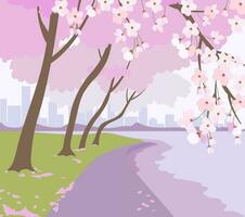 Park with cherry blossom trees along the river. Vector illustration of Sakura. Design background for the banner.