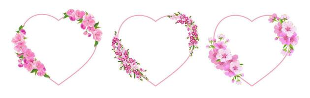 A set of vector hearts with the first spring flowers. Pink forget-me-nots, cherry blossoms and cherry blossoms for Mother's Day and Valentine's Day. Vector illustration. Wedding template.