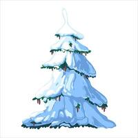 Spruce in the snow on a white background. A green fluffy pine tree, hidden by snow, isolated on a white background. Winter snow-covered tree. An element for a Christmas scene. In cartoon style. vector