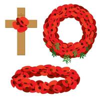 A cross with red flowers, a wreath of red poppies. On Memorial Day, the grave and monument are decorated with a flower wreath. A memorable date of Great Britain and Canada. Remembrance Sunday. vector