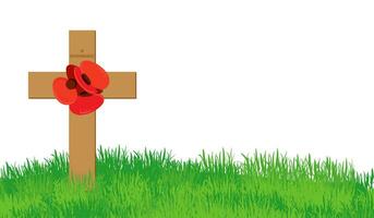 Cross with red poppies on a green lawn. On Memorial Day, the grave and monument are decorated with a flower wreath. Commemorative date of Great Britain and Canada. Poppy day. Vector illustration.