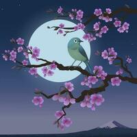 Realistic graphics of Uguisu and Sakura tree on a background of Moon. Japanese Nightingale on a branch of blossoming cherries. Vector illustration of Bush Warbler. Fujiyama mountain at night.