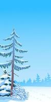 Vertical scene with falling snow. Snow-covered trees on the background of the forest. Vector illustration. Christmas scene.