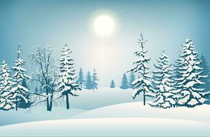 Snow-covered trees on the background of the forest. Snow drifts glistened on the cold and frozen fir trees. Christmas background. Vector illustration.