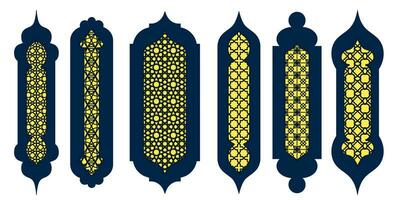 Collection of arabian oriental windows. Laser cut grill. Modern design in black fo frames Mosque dome and lanterns Islamic ramadan kareem and eid mubarak style. Vector illustration