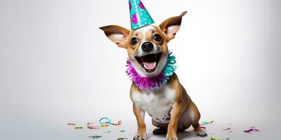 AI Generated. AI Generative. Cute funny dog pet in birthday party hat celebration. Graphic Art photo