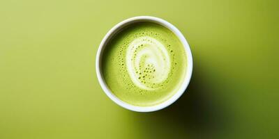 ai generado. ai generativo. asiático japonés tradicional caliente matcha taza de verde latté parte superior vista. burlarse de arriba antecedentes en mesa. gráfico Arte foto