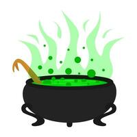 Witch cauldron, Halloween magic pot with green potion. Vector steel boiler with boiling magic brew or steaming goo. Isolated evil item for wizard, sorceress or mage, cartoon kettle with poison