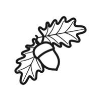 Vector illustration. Black white image of an acorn with leaves on a white background