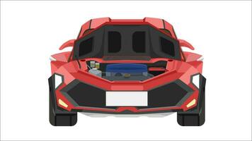 Vector or Illustrator front view of car. Sport car red color. Separating the front and interior layers of the car. Hood open can see engine. Isolated white background.