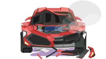 Vector or Illustrator front view of car. Sport car red color. Separating the front and interior layers of the car. Front grille was broken, smoke was billowing and oil was leaking. on white isolated.