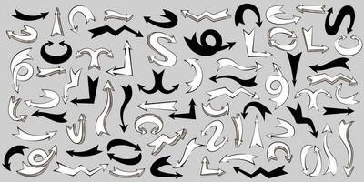 Large Set of solid silhouettes of volumetric thick arrows of direction and growth with shading in doodle style. vector