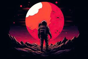 astronauta en el antecedentes de el Luna ilustración., astronauta en el Luna participación un grande rojo corazón para san valentin día, ai generado foto