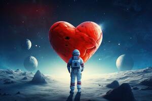 astronauta en exterior espacio participación grande rojo corazón. mezclado medios de comunicación, astronauta en el Luna participación un grande rojo corazón para san valentin día, ai generado foto
