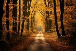 Autumn forest road in the morning light. Beautiful nature background. Autumn forest scenery with road of fall leaves warm light illumining the gold foliage, AI Generated photo