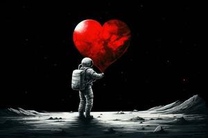 astronauta en exterior espacio participación grande rojo corazón. mezclado medios de comunicación, astronauta en el Luna participación un grande rojo corazón para san valentin día, ai generado foto