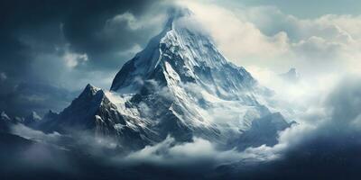 AI Generated. AI Generative. Snow ice faded mountain hill peak. Nature outdoor landscape background. Graphic Art photo