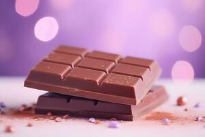 Chocolate bars on a pastel background. Promotional commercial photo of sweets.