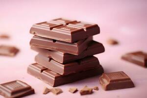 Chocolate bars on a pastel background. Promotional commercial photo of sweets.