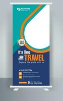 Enjoy holiday roll up banner design. Travel and tourism agency standee design template. vector