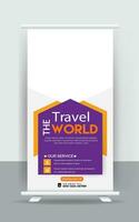 Enjoy holiday roll up banner design. Travel and tourism agency standee design template. vector
