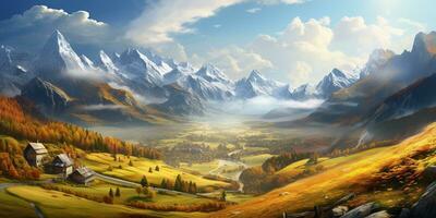 AI Generated. AI Generative. Nature outdoor fall autumn landscape background with mountains and field forest. Graphic Art photo