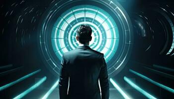 Businessman gesture protecting virtual blue dartboard with arrow ,Business Achievement objective target concept. Created with Generative AI technology. photo