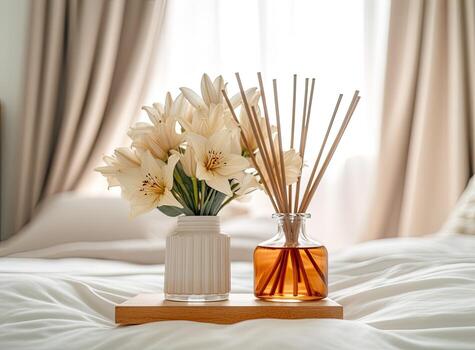 Reed diffuser and vase with bouquet on wooden nightstand in bedroom. Created with Generative AI technology photo