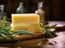 Natural bathroom product, handcrafted soap, horizontal. Created with Generative AI technology. photo