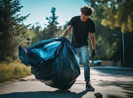 hand holding garbage black bag putting in to trash. Created with Generative AI technology. photo